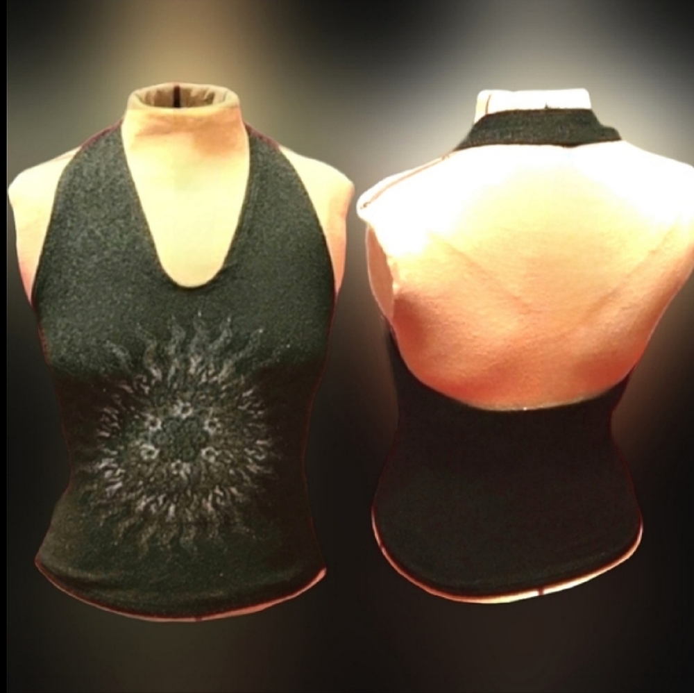 Vtg 90s VS blk silver glitter tribal flames Mandala sun graphics halter top L